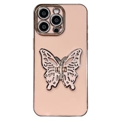 For iPhone 15 Pro Case Butterfly Kickstand TPU Electroplating Phone Cover - Pink