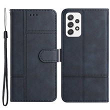 For Samsung Galaxy A53 5G PU Leather Business Wallet Phone Case Lines Imprinted Sand Flip Magnetic Protective Cover with Strap - Blue