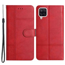 For Samsung Galaxy A22 4G (EU Version) Business Style Wallet Case Lines Imprinted PU Leather Folding Stand Magnetic Closure Protective Cover with Strap - Red