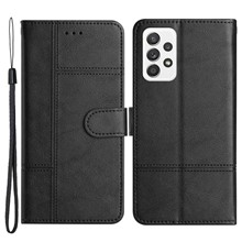 For Samsung Galaxy A32 4G (EU Version) PU Leather Business Case Lines Imprinted Stand Folio Flip Wallet Cover with Strap - Black