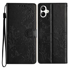 For Samsung Galaxy A06 4G Wallet Phone Case Butterfly Floral Imprint Leather Flip Cover - Black