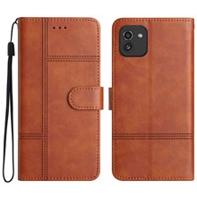 For Samsung Galaxy A03 (164.2mm) Cowhide Texture Business Style PU Leather Cover Sewing Line Decor Wallet Stand Phone Shockproof Case - Brown