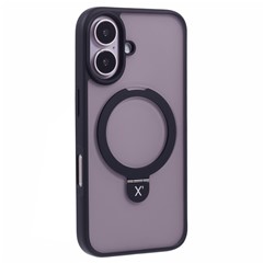 X-LEVEL PITHY STONE II For iPhone 16 Magnetic Case PC+TPU Back Cover Kickstand - Black