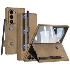 GKK For Samsung Galaxy Z Fold6 5G Case Pencil Slot Stand PC Phone Cover with Screen Film - Matte Brown