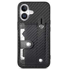 C1-01 For iPhone 16 Case Wristband Anti-Drop Leather Back Cover with Card Holder, Card Knife - Black