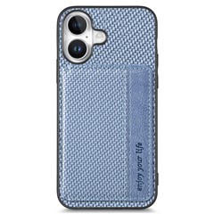 C1-02 For iPhone 16 Case RFID Blocking Card Holder Carbon Fiber Leather+PC+TPU Phone Cover - Blue