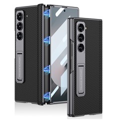 GKK For Samsung Galaxy Z Fold6 5G Case Kickstand PC Phone Cover with Screen Film - Carbon Fiber