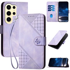 For Samsung Galaxy S24 Ultra Leather Wallet Case Butterfly Flower Imprinted Phone Cover with Strap - Light Purple