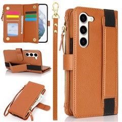 XL-001 For Samsung Galaxy S23+ Case Zipper Pocket Wristband Stand Leather Phone Cover - Brown