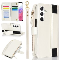 XL-001 For Samsung Galaxy A55 5G Case Zipper Pocket Wristband Stand Leather Phone Cover - White
