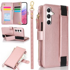 XL-001 For Samsung Galaxy S24 Case Zipper Pocket Wristband Stand Leather Phone Cover - Pink