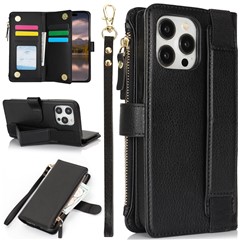 XL-001 For iPhone 15 Pro Case Zipper Pocket Wristband Stand Leather Phone Cover - Black