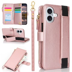 XL-001 For iPhone 16 Plus Case Zipper Pocket Wristband Stand Leather Phone Cover - Pink