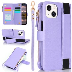 XL-001 For iPhone 15 Plus Case Zipper Pocket Wristband Stand Leather Phone Cover - Purple