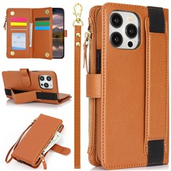 XL-001 For iPhone 16 Pro Case Zipper Pocket Wristband Stand Leather Phone Cover - Brown