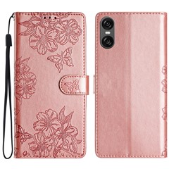 For Sony Xperia 10 VI Case Butterfly Flower Drop-Proof PU Leather Wallet Phone Cover - Rose Gold