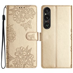 For Sony Xperia 1 VI Case Butterfly Flower Drop-Proof PU Leather Wallet Phone Cover - Gold