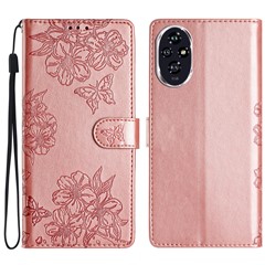For Honor 200 5G Case Butterfly Flower Drop-Proof PU Leather Wallet Phone Cover - Rose Gold
