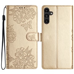 For Samsung Galaxy A16 5G / A16 4G Case Butterfly Flower Drop-Proof PU Leather Wallet Phone Cover - Gold