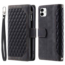 For Samsung Galaxy A04 4G (164.4 x 76.3 x 9.1 mm) 005 Style PU Leather Magnetic Handbag Rhombus Imprinted Zipper Pocket Multiple Card Slots Wallet Stand Cover   with Wrist Strap - Black