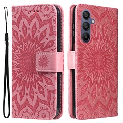 For Samsung Galaxy A26 5G / A16 5G / A16 4G Phone Case Sunflower Imprinted Leather Wallet Stand Cover with Strap - Rose