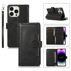 For iPhone 16 Pro Max Case Split Leather Magnetic Wallet Phone Protector with Wrist Strap - Black