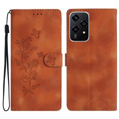 For Honor 200 Lite Case Leather Imprinted Flower Phone Cover Wallet with Wrist Strap - Brown