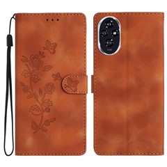 For Honor 200 Pro 5G Case Leather Imprinted Flower Phone Cover Wallet with Wrist Strap - Brown