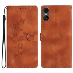 For Sony Xperia 10 VI Case Leather Imprinted Flower Phone Cover Wallet with Wrist Strap - Brown