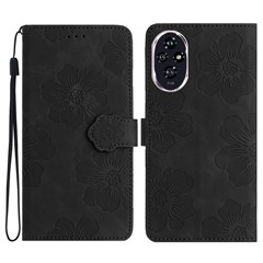 For Honor 200 5G Case Flower Design Leather Wallet Phone Cover with Wrist Strap - Black