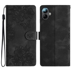 For Samsung Galaxy A06 4G Case Butterfly Flower Pattern Skin-Touch Leather Phone Cover - Black