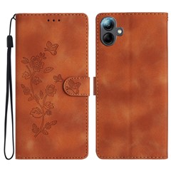 For Samsung Galaxy A06 4G Case Leather Imprinted Flower Phone Cover Wallet with Wrist Strap - Brown