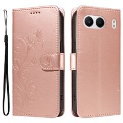 For OnePlus Nord 4 PU Leather Cases Flower Pattern Wallet Stand Phone Cover with Strap - Rose Gold