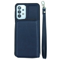For Samsung Galaxy A33 5G Case Detachable Zipper Card Bag PU+TPU Kickstand Phone Case with Strap - Sapphire