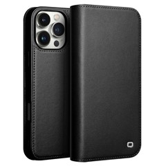 QIALINO For iPhone 16 Pro Stand Case Anti-Drop Genuine Cow Leather Wallet Phone Cover - Black