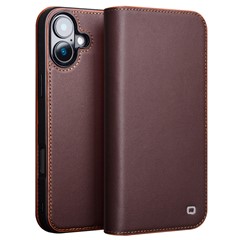 QIALINO For iPhone 16 Stand Case Anti-Drop Genuine Cow Leather Wallet Phone Cover - Brown