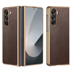 For Samsung Galaxy Z Fold6 5G Case Litchi Texture Genuine Cow Leather+PC Phone Cover - Coffee