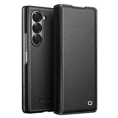 QIALINO For Samsung Galaxy Z Fold6 5G Case Genuine Cow Leather Flip Phone Cover, Black