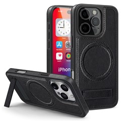 For iPhone 16 Pro Max Case Compatible with MagSafe with Folded Kickstand PC Silicone Leather Phone Back Cover  - Black