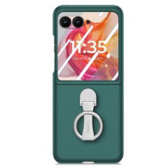 For Motorola Razr 50 Ultra 5G Case Ring Kickstand PC Phone Cover with Tempered Glass Rear Screen Film - Dark Green