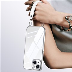 SULADA For iPhone 15 Case Electroplating Ultra Clear Soft TPU Phone Cover with PU Wrist Strap - White