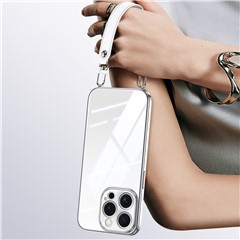 SULADA For iPhone 15 Pro Max Case Electroplating Ultra Clear Soft TPU Phone Cover with PU Wrist Strap - White