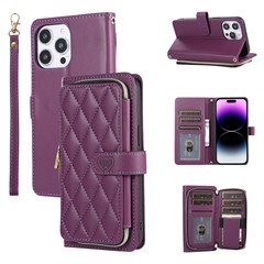 For iPhone 16 Pro Max Wallet Case Folio PU Leather Stand Rhombus Phone Cover with Hand Strap - Dark Purple