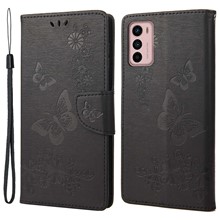 For Motorola Moto G42 4G PU Leather Case Big Butterflies Flower Pattern Imprinting Full Protection Stand Wallet Cover with Strap - Black