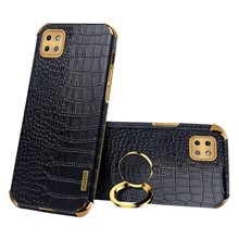 For Samsung Galaxy A22 5G (EU Version) Crocodile Texture PU Leather Coated TPU Case Electroplating Ring Kickstand Phone Cover - Black
