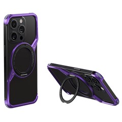 For iPhone 14 Pro Bumper Phone Case Rotary Ring Kickstand Aluminium Alloy S-Shape Magnetic Cover - Purple