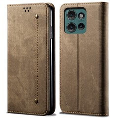 For Motorola Edge 50 5G Case Jeans Cloth Texture Anti-Scratch Leather Stand Phone Cover - Khaki