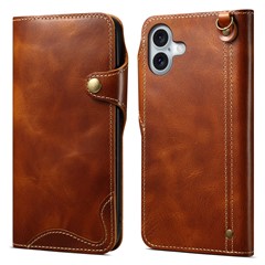 For iPhone 16 Plus Case Waxy Genuine Cow Leather Phone Wallet Shockproof Cover - Brown