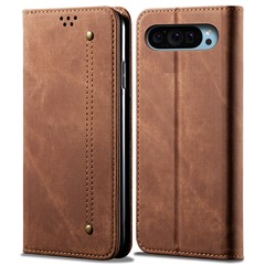 For Google Pixel 9 Pro  /  Pixel 9 Case Jeans Cloth Texture Anti-Scratch Leather Stand Phone Cover - Brown