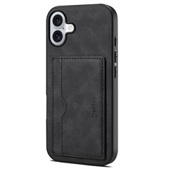 DENIOR For iPhone 16 Plus Case Card Holder Kickstand Retro Leather+PC+TPU Phone Cover - Black